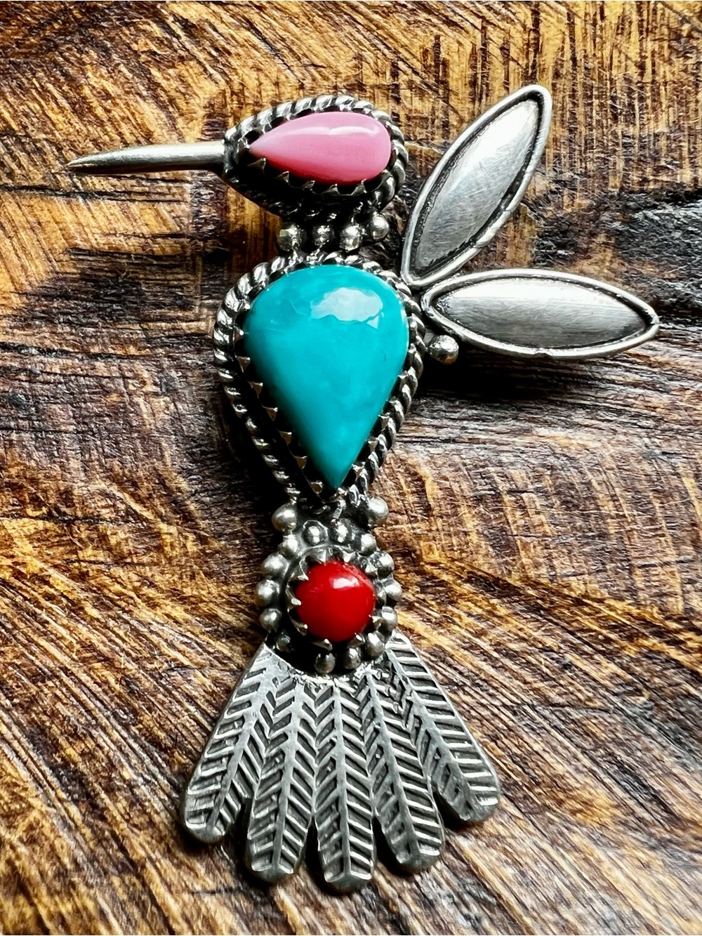 Sterling Kingman Turquoise Queen Conch Coral Hummingbird Brooch Pin